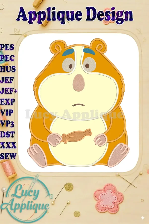 A worried orange and cream hamster applique holding a brown cracker, perfect for 'Animal Crackers' themed projects.