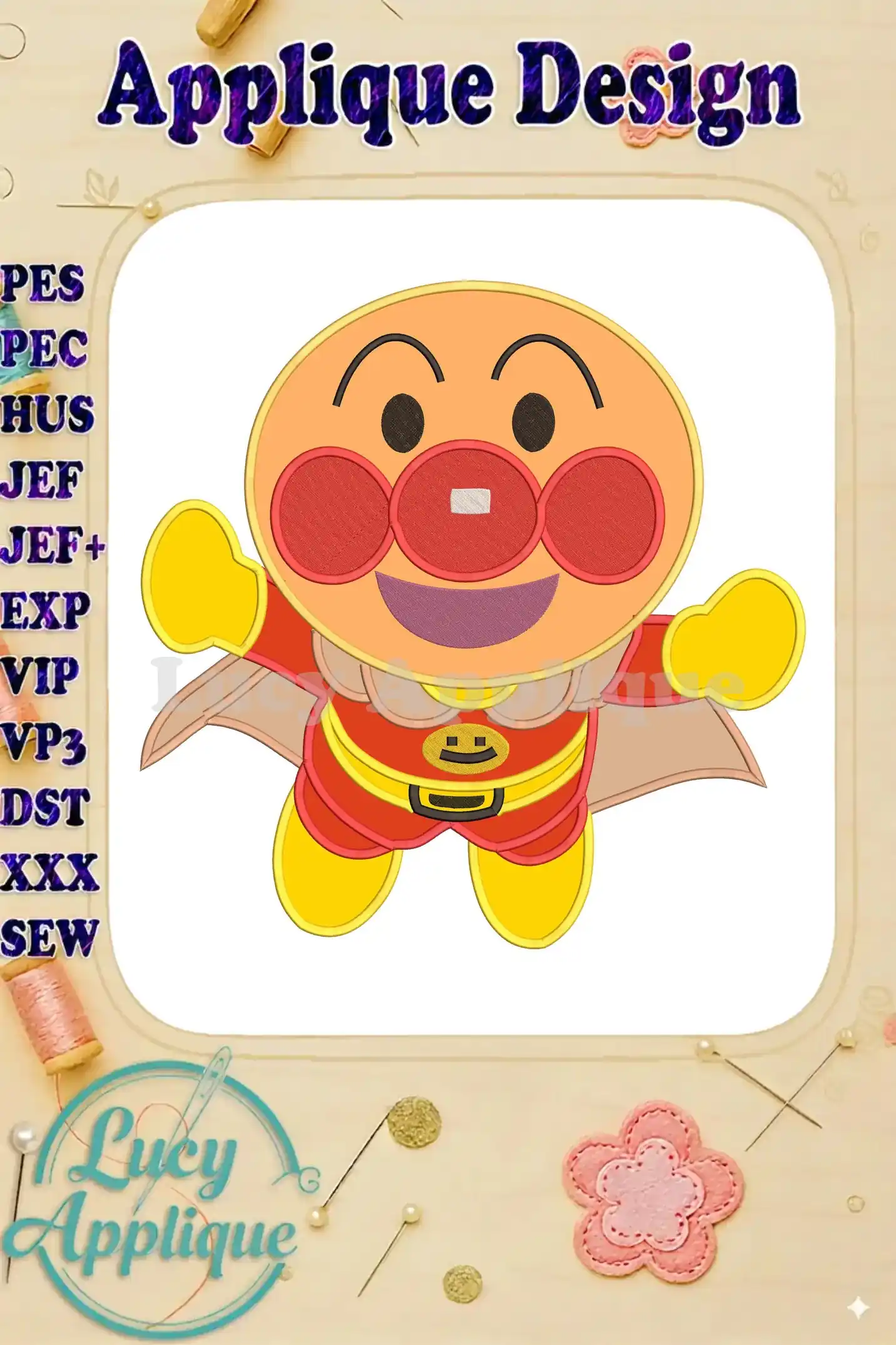 A cheerful Anpanman Chapon's Hero applique embroidery design, featuring bright colors and bold outlines.
