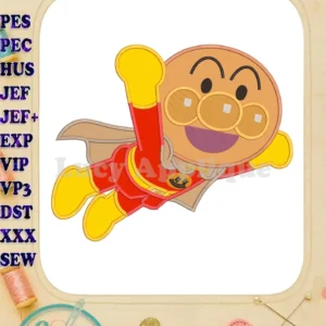 Vibrant Anpanman Chapon's Hero applique design, featuring the beloved character flying with a big smile.
