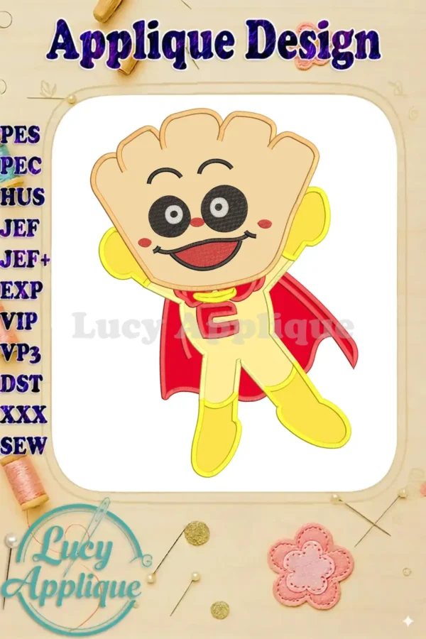Vibrant Anpanman Chapon's Hero applique embroidery, cheerful character with hand-shaped head and red cape, ready for adventure.