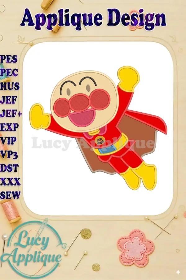 Vibrant Anpanman applique embroidery design featuring the beloved hero flying, showcasing detailed stitching and colors.