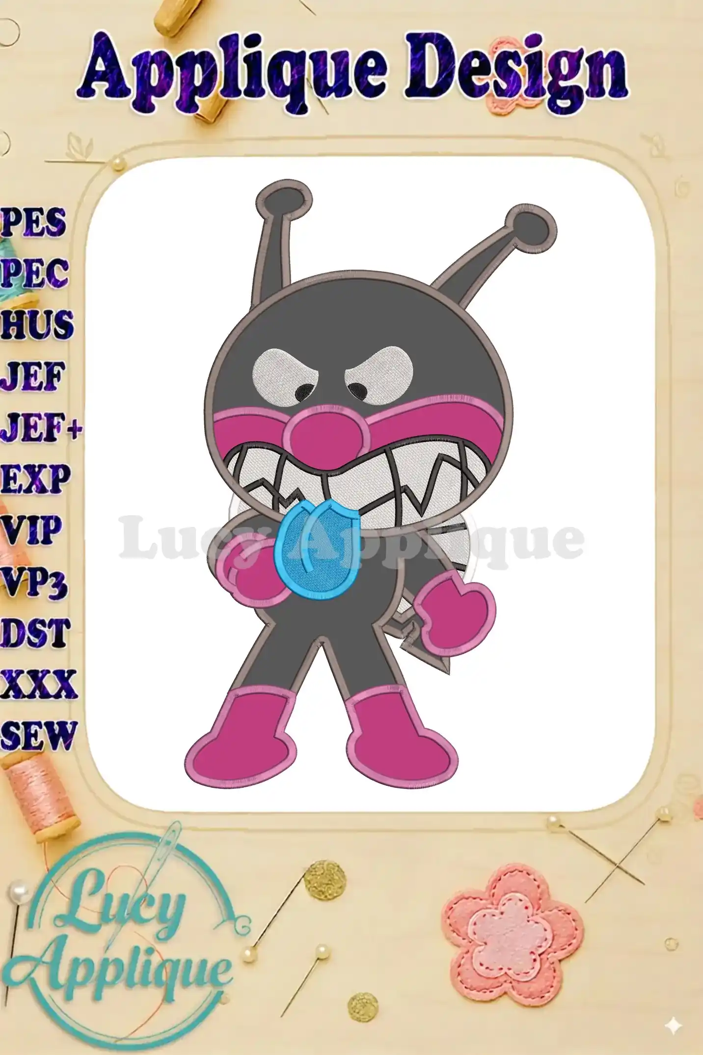 Close-up of the Anpanman Chapon's Hero Baikinman applique embroidery design, featuring vibrant colors and detailed stitching.