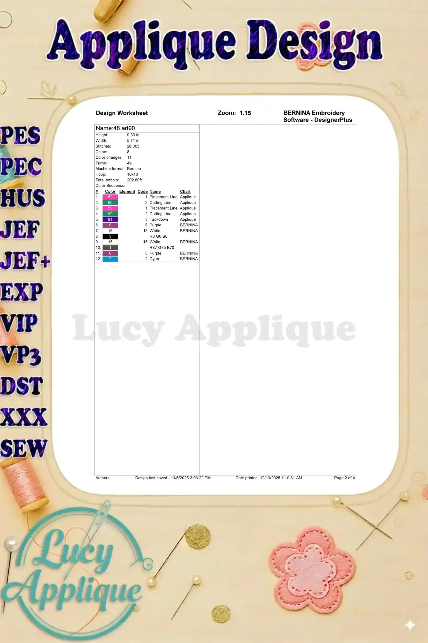 Embroidery design worksheet for Anpanman Chapon's Hero, showing dimensions, stitch count, colors, and sequence.