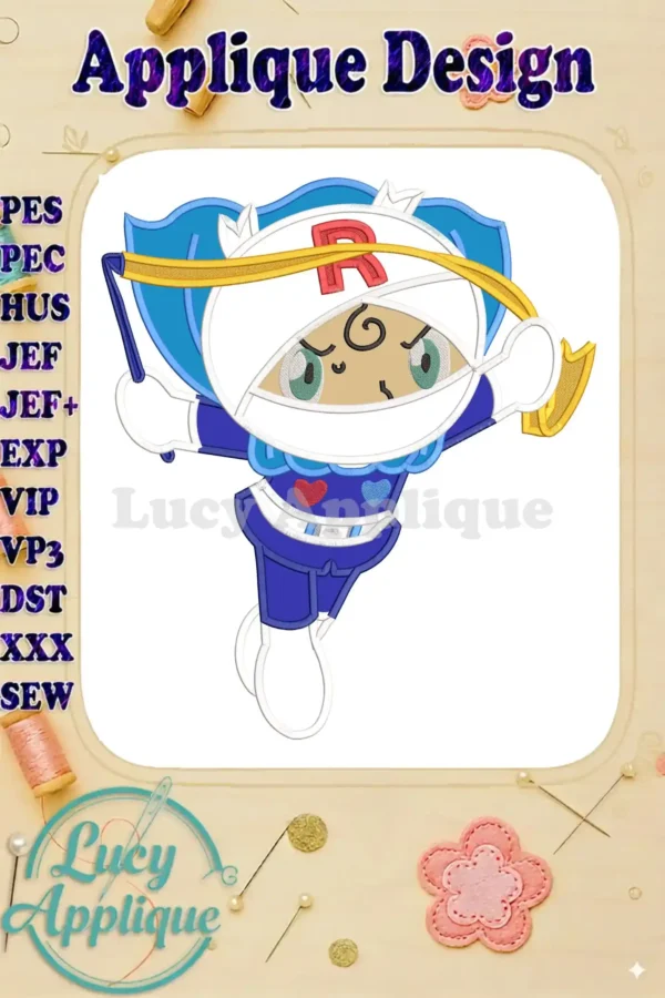 Captivating Anpanman Chapon's Hero Rollpanna applique design, showcasing vibrant blue, red, and white colors with sharp details, ready for embroidery.