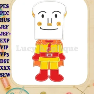 Full-body applique embroidery of Shokupanman, the Anpanman hero, featuring a white bread head, yellow suit, red cape, and boots on a white background, showcasing detailed stitching.