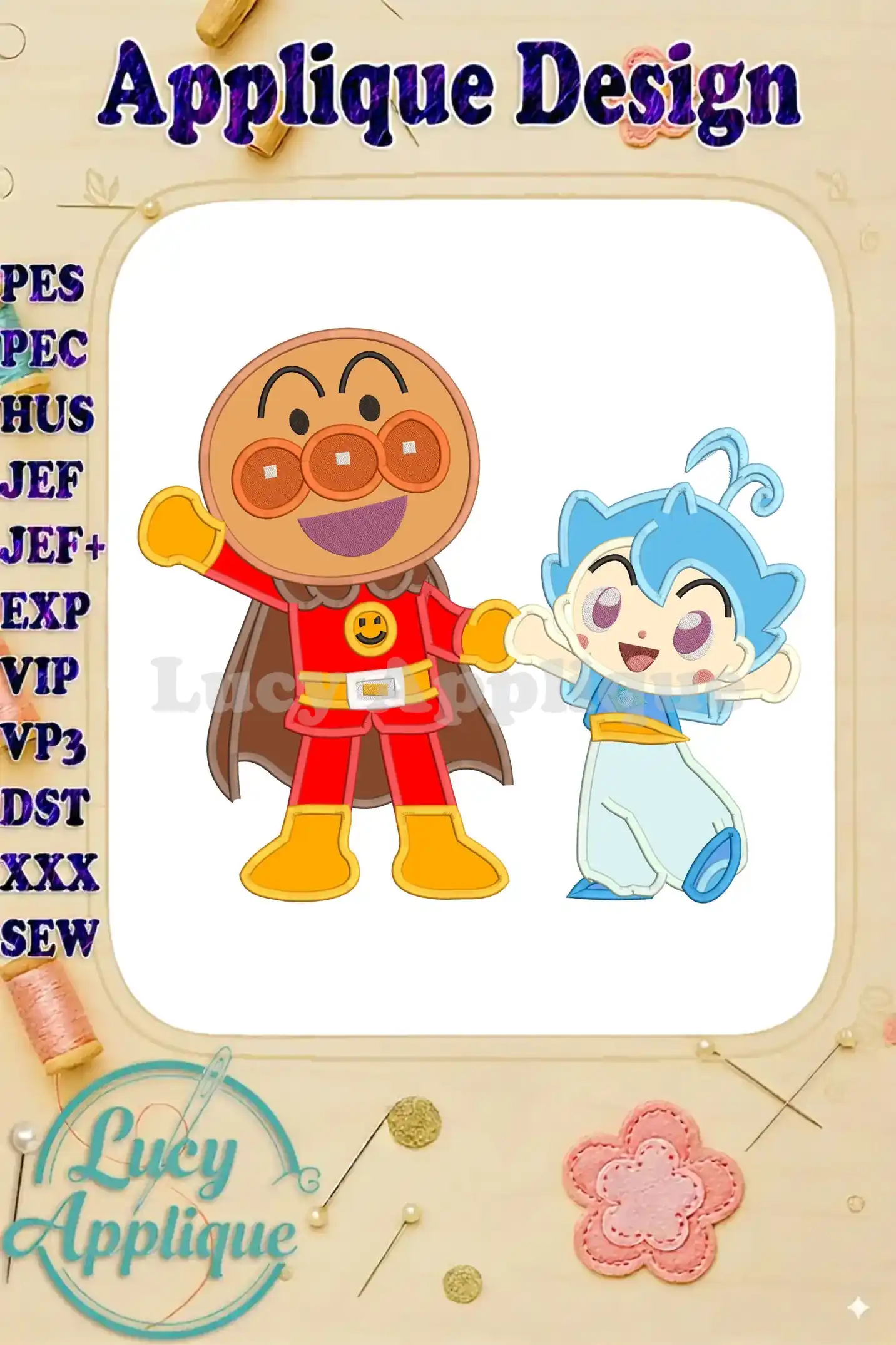 Vibrant Anpanman and Chapon's Hero applique embroidery design, featuring two cheerful characters on a white background.