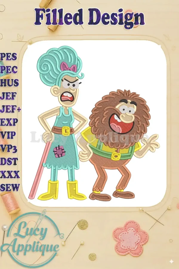 Vibrant fill embroidery design of Mrs. Twit and Mr. Twit from Roald Dahl's 'The Twits' in a playful pose.