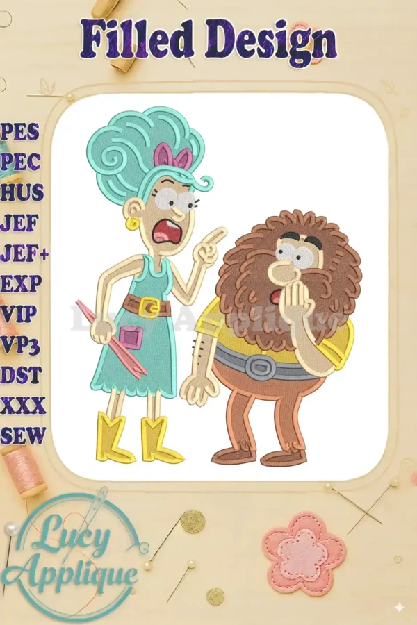 Vibrant fill embroidery of Mrs. Twit scolding Mr. Twit, capturing their iconic bickering from Roald Dahl's story.