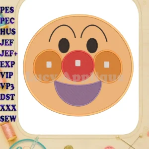 Cheerful Anpanman applique embroidery design with his iconic red nose, orange cheeks, and purple smile. Perfect for kids' items.