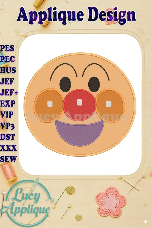 Cheerful Anpanman applique embroidery design with his iconic red nose, orange cheeks, and purple smile. Perfect for kids' items.