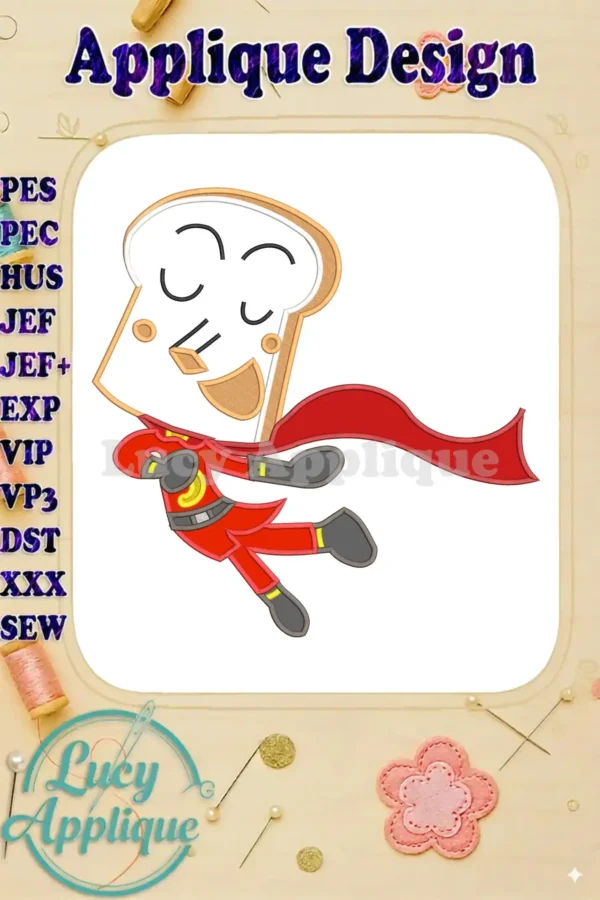 Dynamic Shokupanman applique embroidery, featuring the bread hero in a red superhero suit and cape, flying with joy.