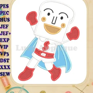 Dynamic Shokupanman applique embroidery design, flying heroically with a blue cape and red accents, from Anpanman series.
