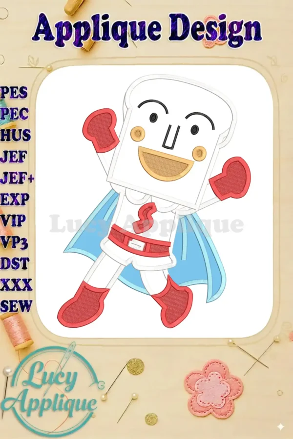 Dynamic Shokupanman applique embroidery design, flying heroically with a blue cape and red accents, from Anpanman series.