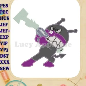 Dynamic Baikinman applique embroidery design, featuring the angry Anpanman villain wielding a lightning weapon.