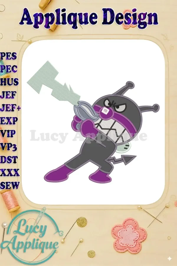 Dynamic Baikinman applique embroidery design, featuring the angry Anpanman villain wielding a lightning weapon.