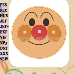 A vibrant Anpanman Chapon's Hero applique embroidery design, featuring his iconic cheerful face with red nose and orange cheeks.