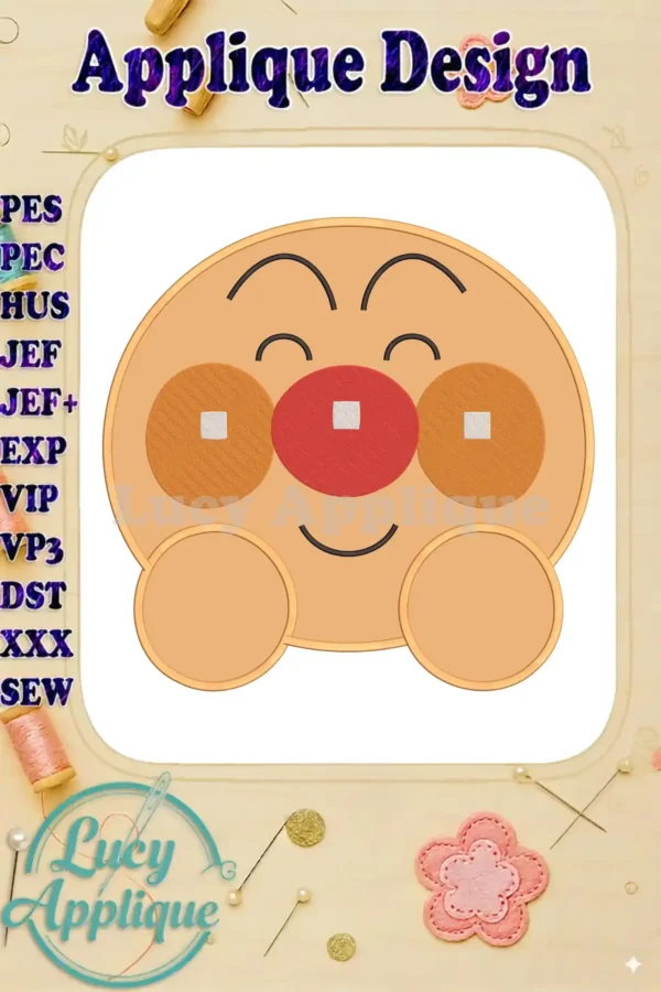 A cheerful Anpanman Chapon's Hero applique embroidery design, featuring a smiling face with prominent red nose and orange cheeks.
