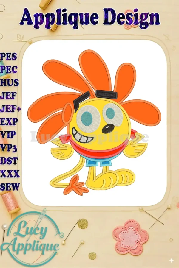 A vibrant Wubbzy applique embroidery from 'A Garden Cartoon Movie The Greatest Thing Ever!' featuring bright yellow, orange, and blue. Perfect for kids' items.
