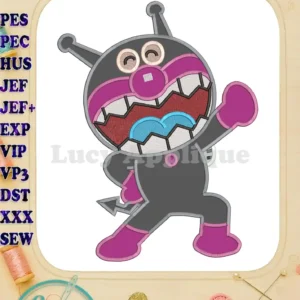 Dynamic Anpanman Baikinman applique embroidery, dark gray with magenta details, fierce expression, ready for action.