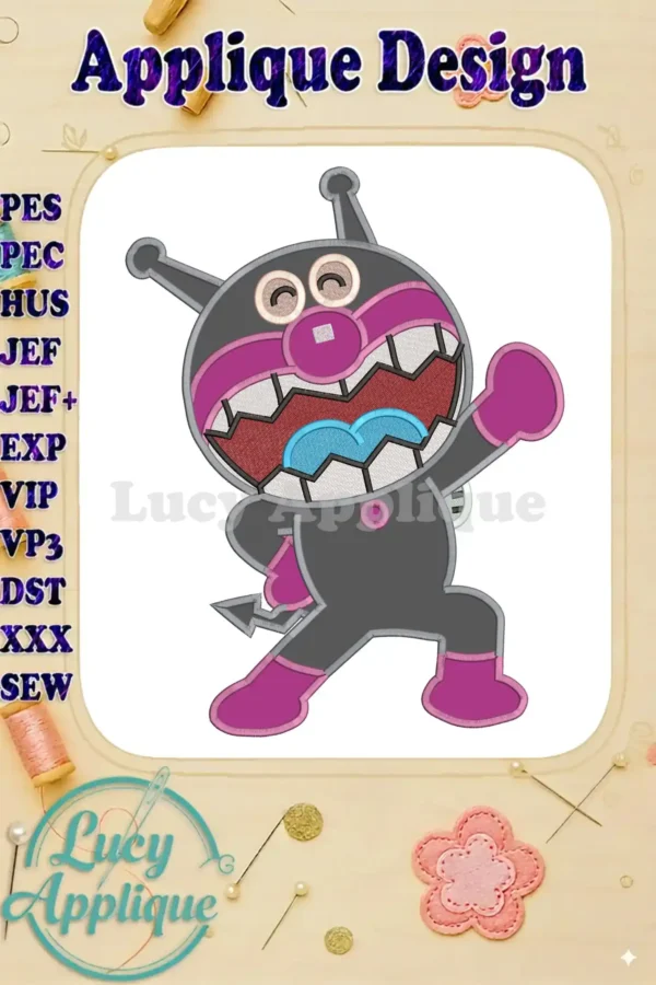 Dynamic Anpanman Baikinman applique embroidery, dark gray with magenta details, fierce expression, ready for action.