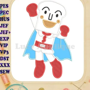 Shokupanman applique design in full vibrant detail, featuring the bread hero in a dynamic pose with his cape.