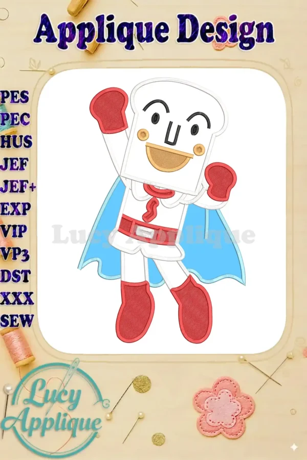 Shokupanman applique design in full vibrant detail, featuring the bread hero in a dynamic pose with his cape.
