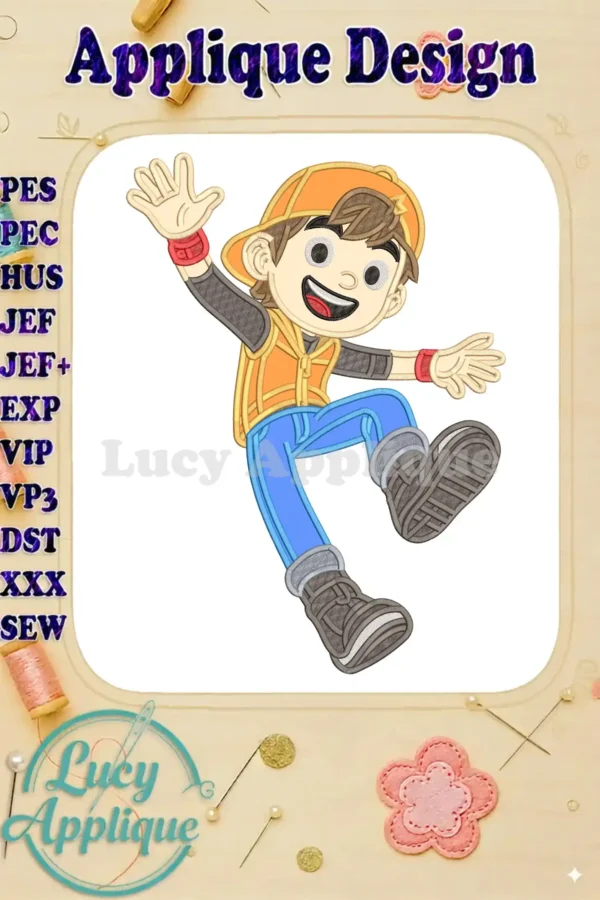 Vibrant BoBoiBoy Applique embroidery design featuring the hero in an energetic jumping pose, ready for action.