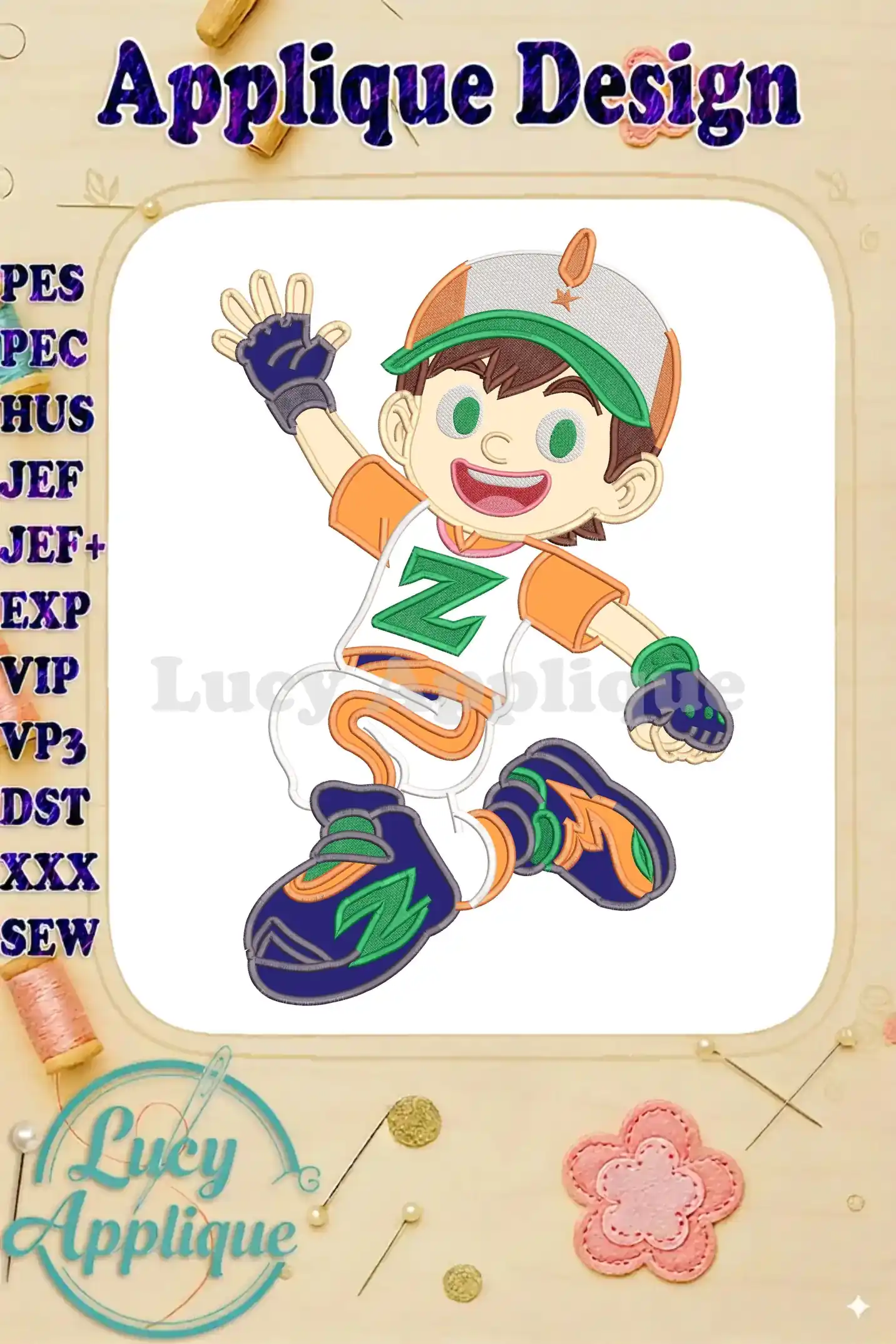 Vibrant BoBoiBoy applique embroidery design, featuring the character in a dynamic jumping pose, ready for action.