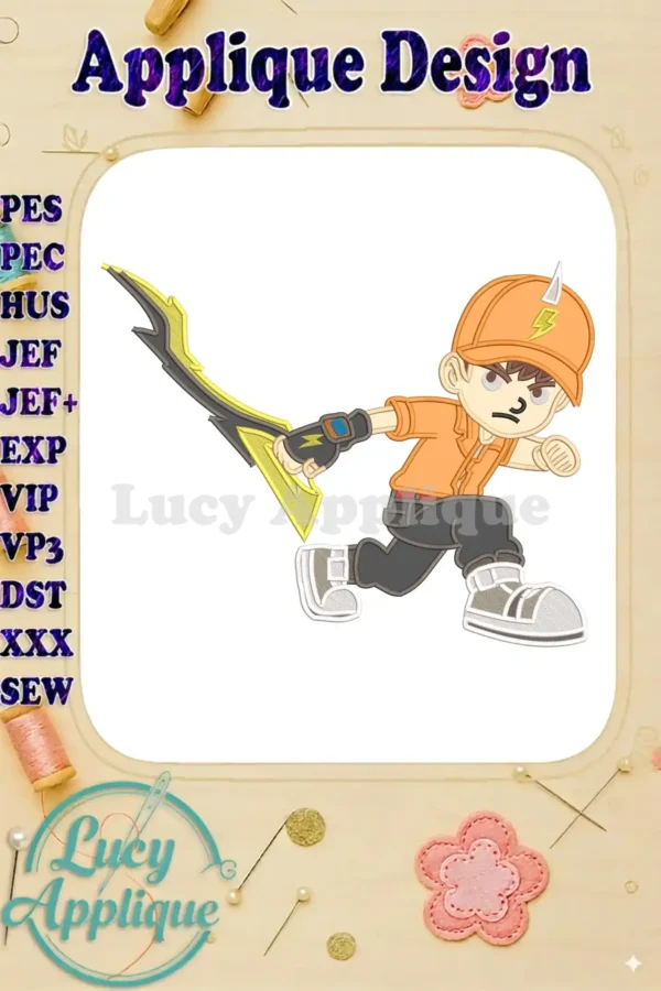 BoBoiBoy Lightning applique embroidery design featuring the hero in a dynamic running pose with his weapon.