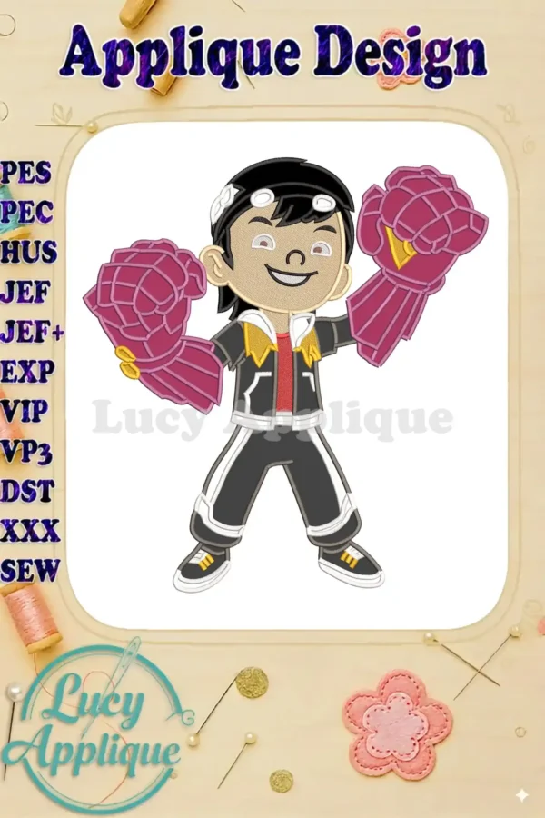 Vibrant BoBoiBoy applique embroidery design, featuring the character in a powerful pose with his signature gloves.
