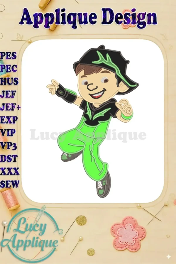 Vibrant BoBoiBoy Thorn applique embroidery design in a dynamic, action-ready pose, featuring bright green and black.