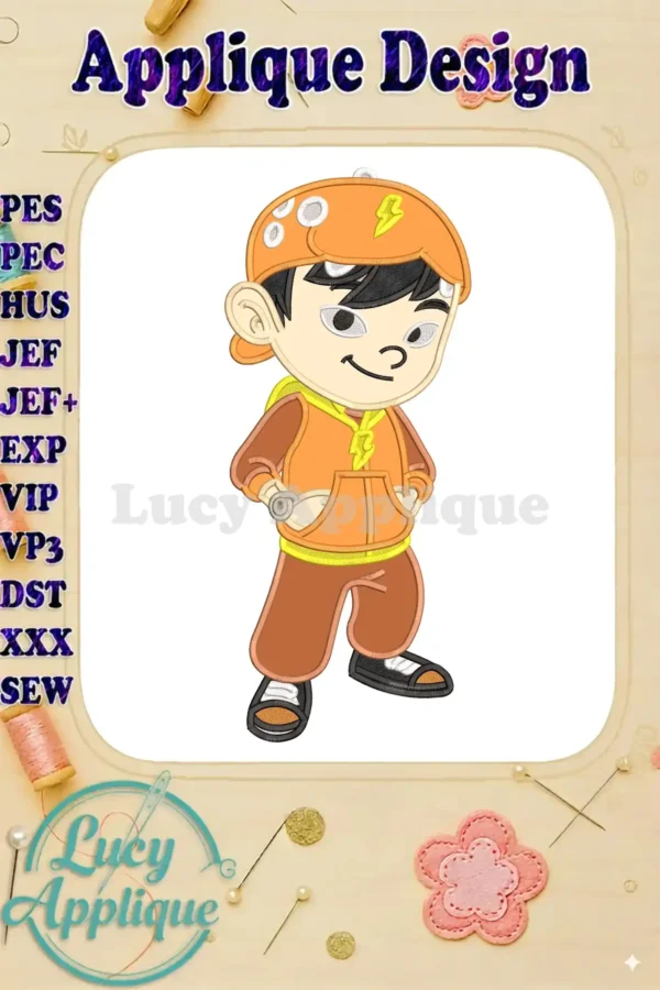 Vibrant BoBoiBoy Lightning Applique embroidery design, showcasing the popular character in his signature orange outfit.