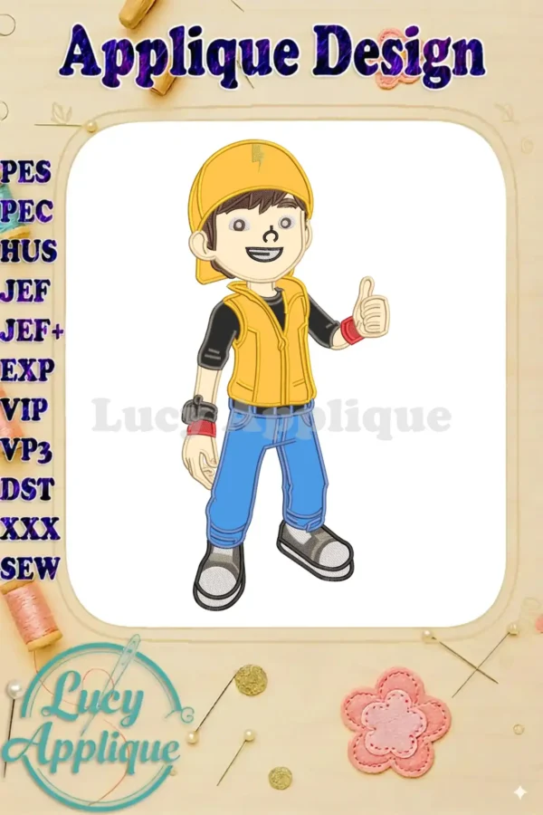 BoBoiBoy character applique embroidery design, vibrant and detailed, perfect for children's apparel and accessories.
