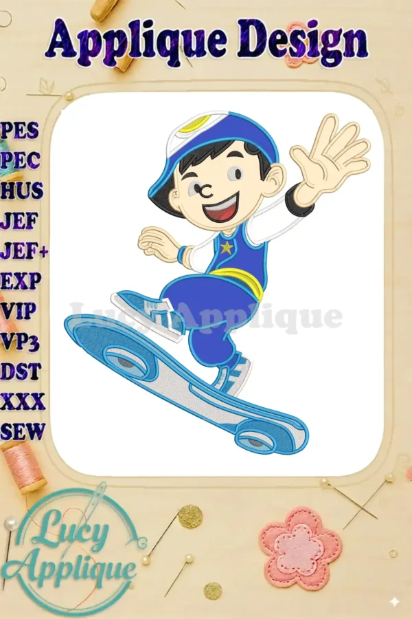 BoBoiBoy Applique embroidery design, showing the animated hero on a skateboard, vibrant blue outfit, and cap.