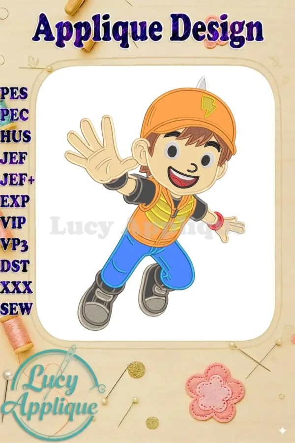 BoBoiBoy applique design featuring the popular character in an energetic action pose, vibrant colors, ready for embroidery.