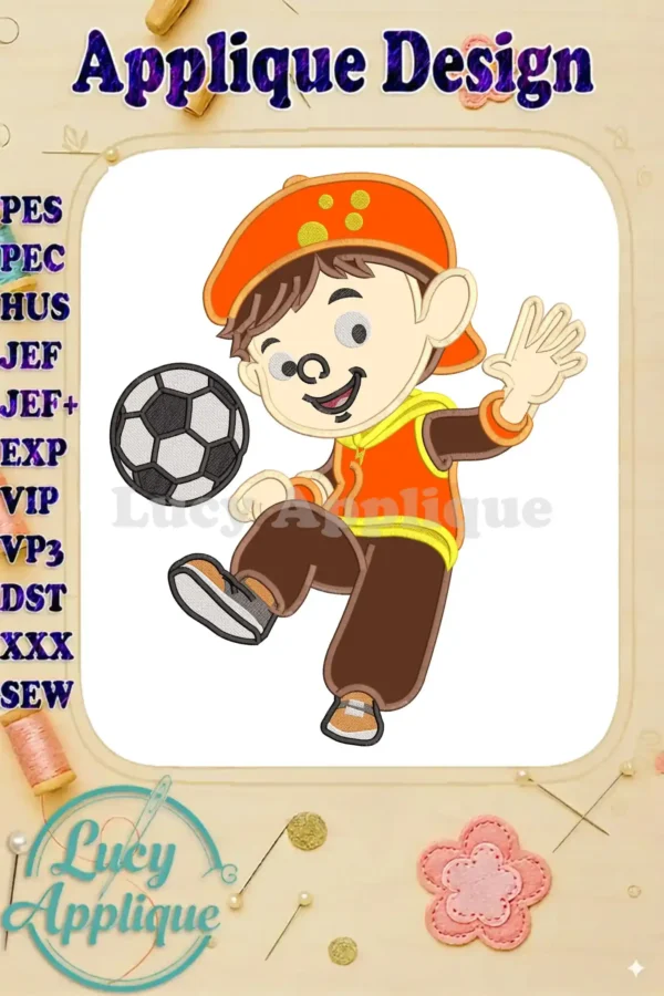 BoBoiBoy applique design featuring the character in an orange cap and jacket, energetically kicking a soccer ball.