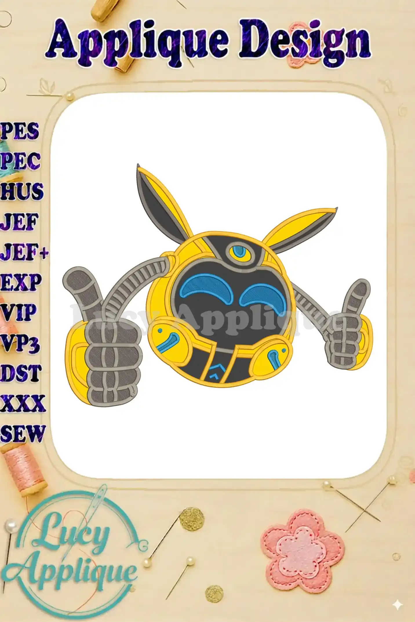 BoBoiBoy's R-Bot applique embroidery design, a yellow and grey character with blue accents, giving two thumbs up, full of energy.