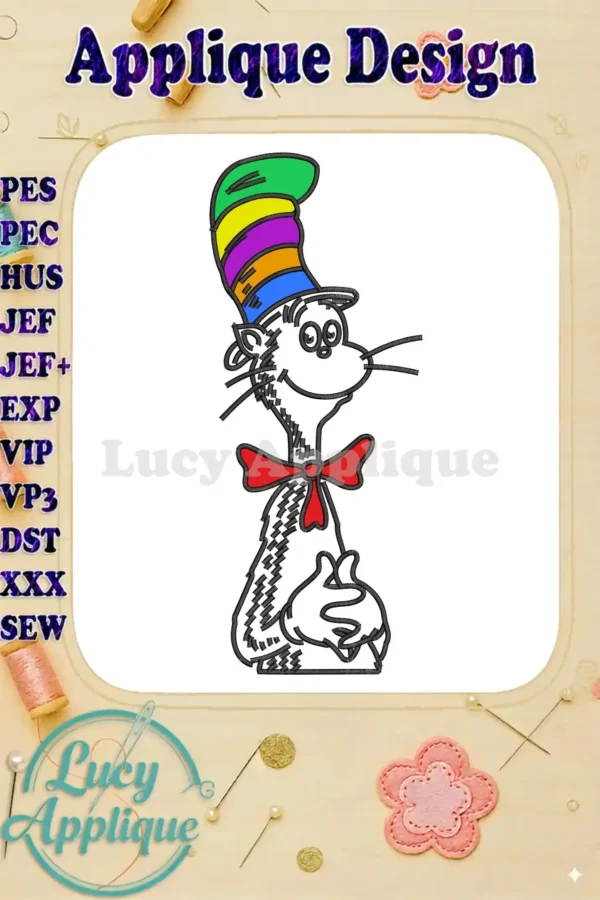 Vibrant Cat in the Hat applique embroidery design, featuring the iconic striped hat and red bow tie, perfect for Dr. Seuss projects.