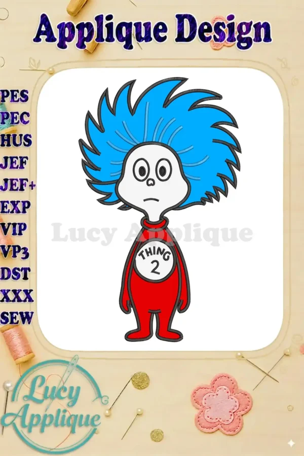 Dr. Seuss's Thing 2 applique design, featuring its iconic red suit, wild blue hair, and playful expression, ready for embroidery.