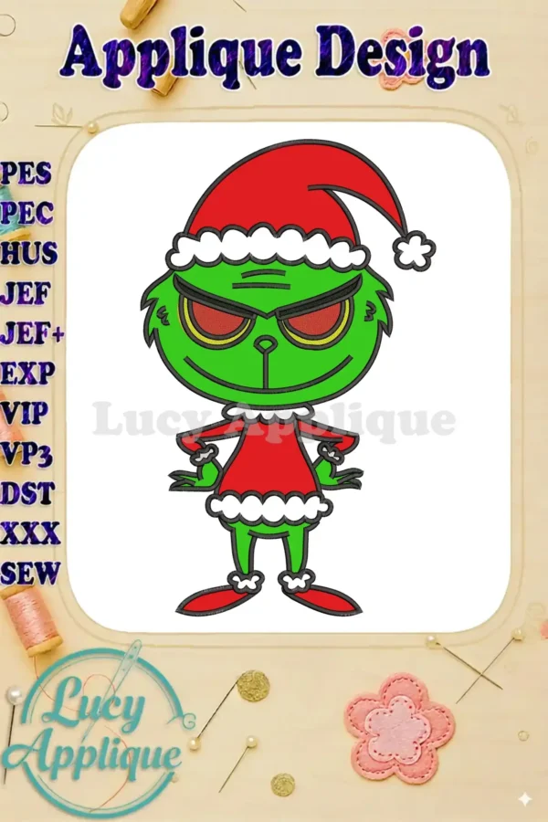A vibrant Dr. Seuss Grinch appliqué design, featuring the Grinch in a red Santa suit and hat, with a mischievous expression, perfect for holiday crafting.