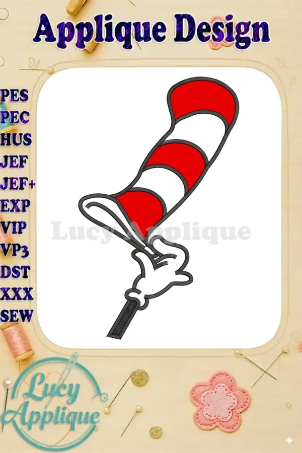 A vibrant applique embroidery design featuring the iconic red and white striped hat of Dr. Seuss's Cat in the Hat.