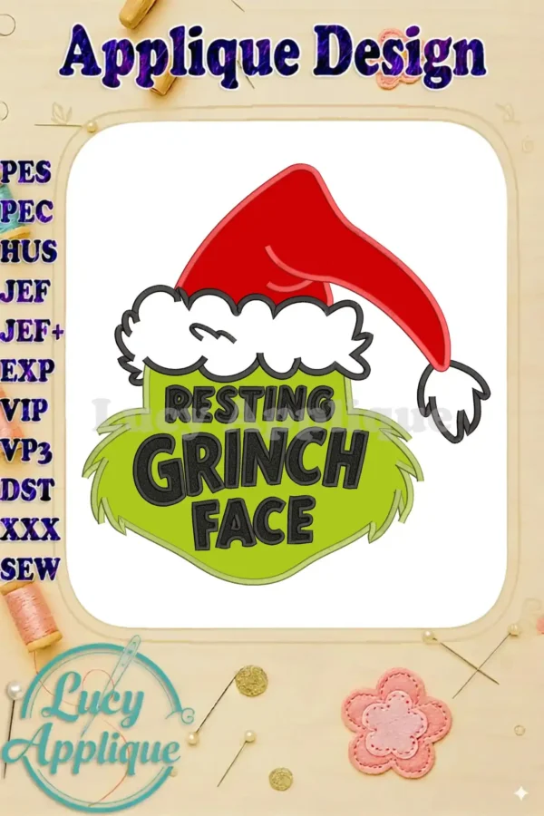 Dr. Seuss "Resting Grinch Face" applique design featuring a red Santa hat and lime green text.