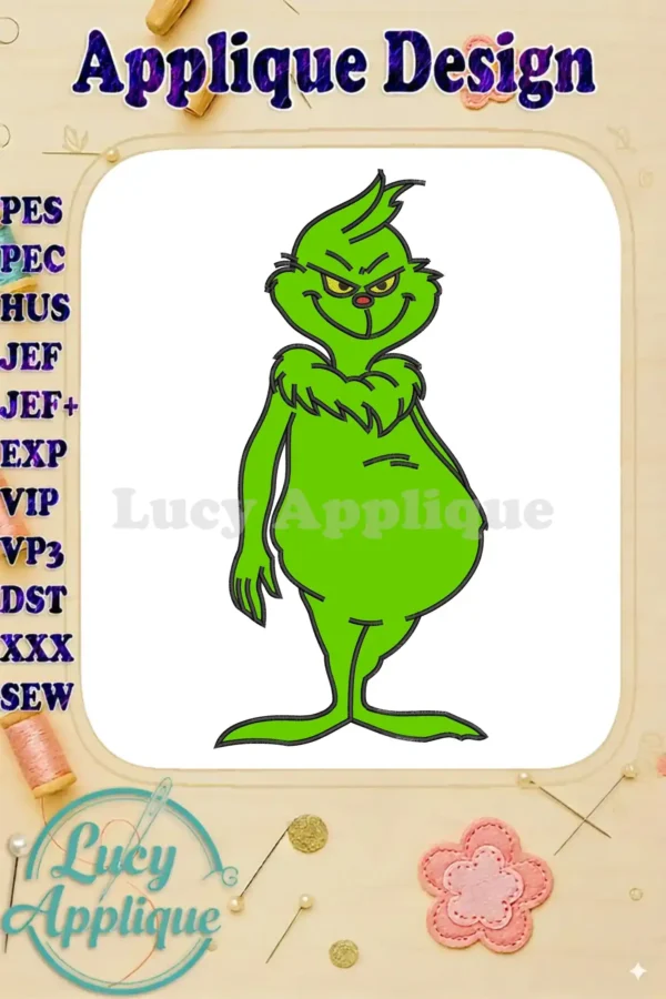 Vibrant, full-body Grinch applique embroidery design, featuring his iconic green fur, yellow eyes, and mischievous smile.