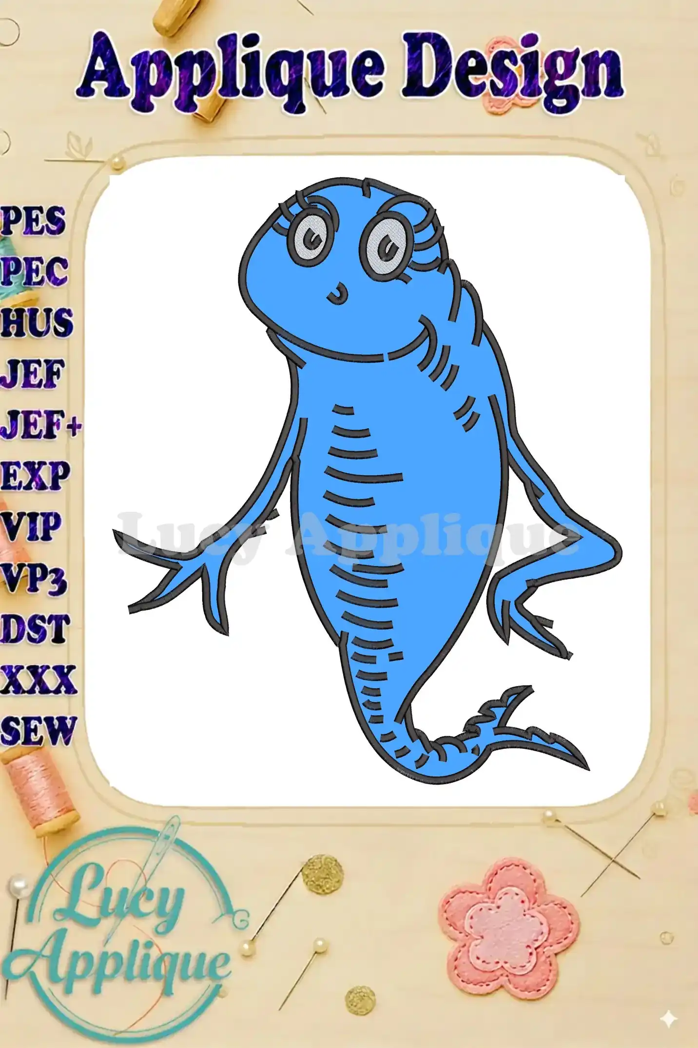 A vibrant Dr. Seuss blue Fish applique embroidery design, featuring the beloved character with distinct eyes and fins.