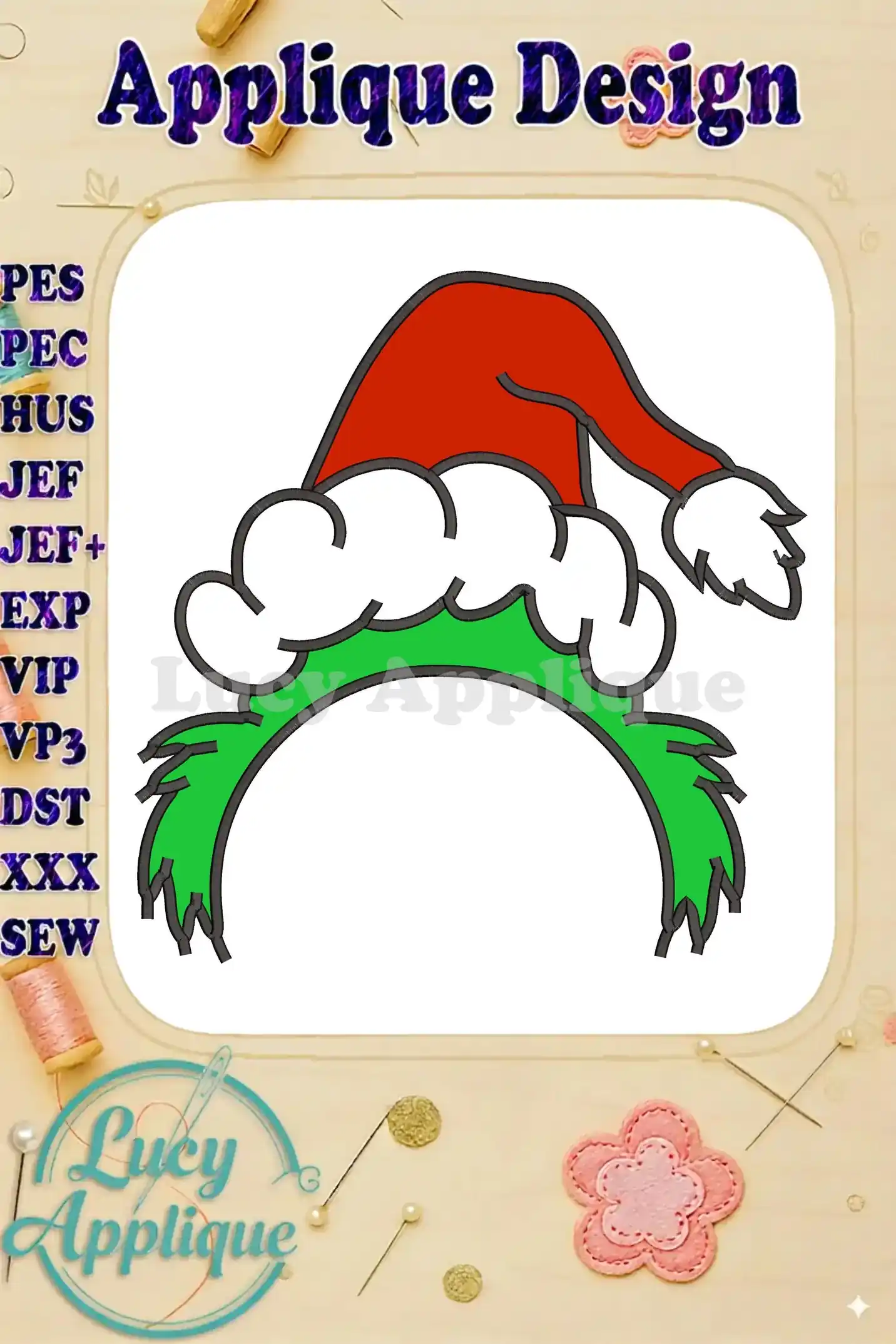 Vibrant Dr. Seuss Grinch head with a classic red and white Santa hat applique embroidery design for festive projects.