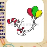 Playful Dr Seuss Cat in Hat Holding Balloons Applique Embroidery Designs - Instant Download