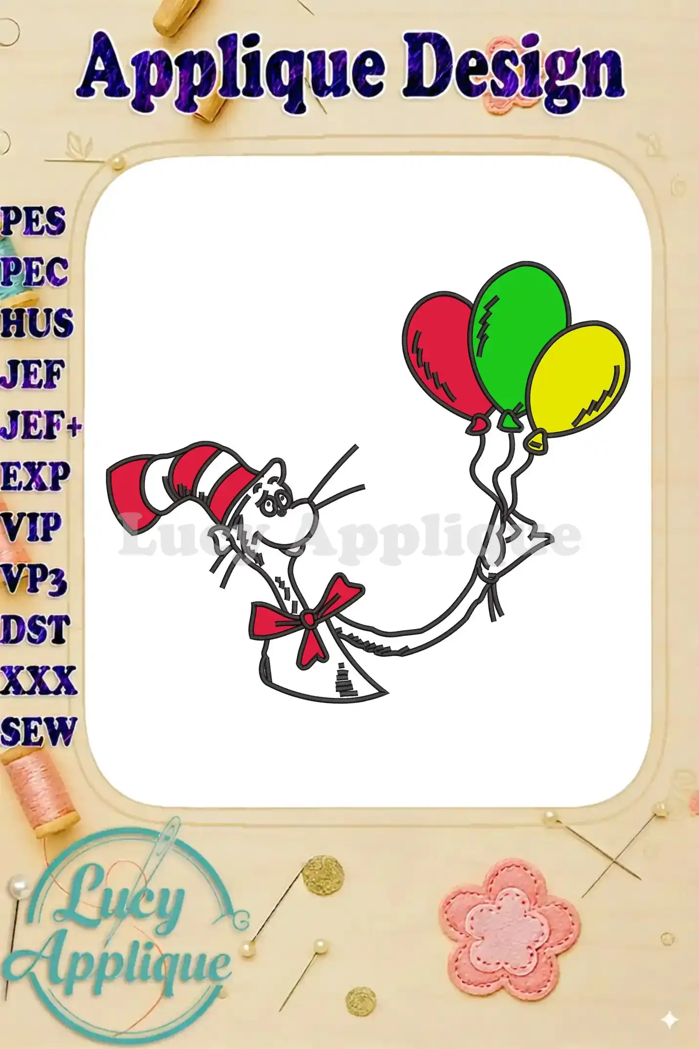 The iconic Dr. Seuss Cat in the Hat, smiling and holding vibrant red, green, and yellow balloons.