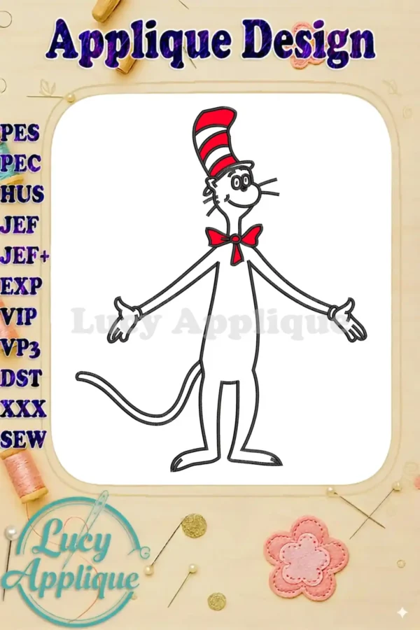 Full-body Cat in the Hat applique embroidery design, featuring his iconic striped hat and red bow tie.