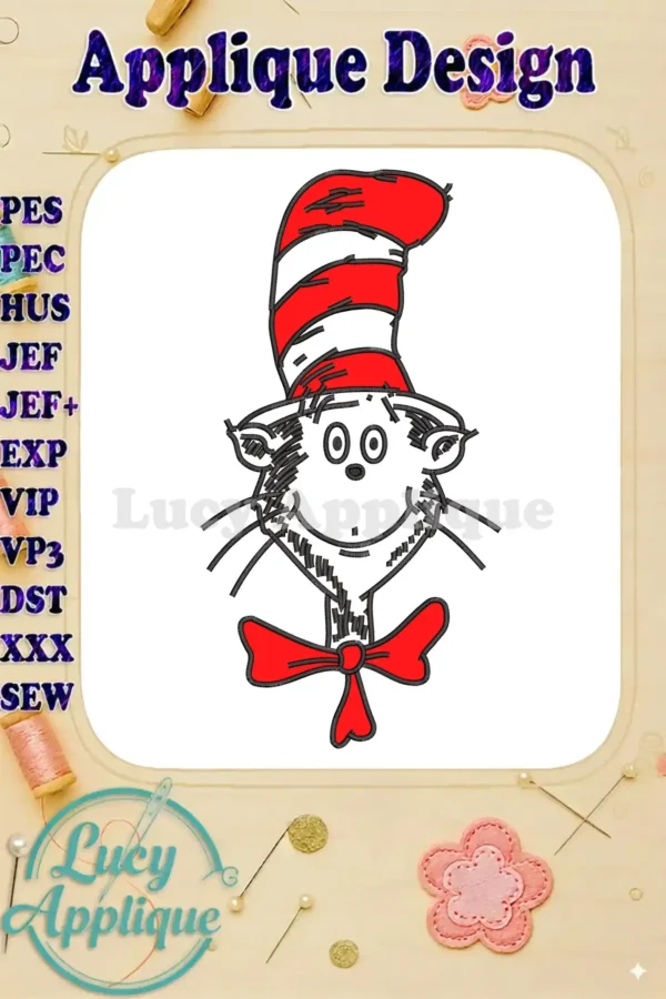 A vibrant appliqué embroidery design featuring the iconic Cat in the Hat, complete with his red and white striped hat and red bow.
