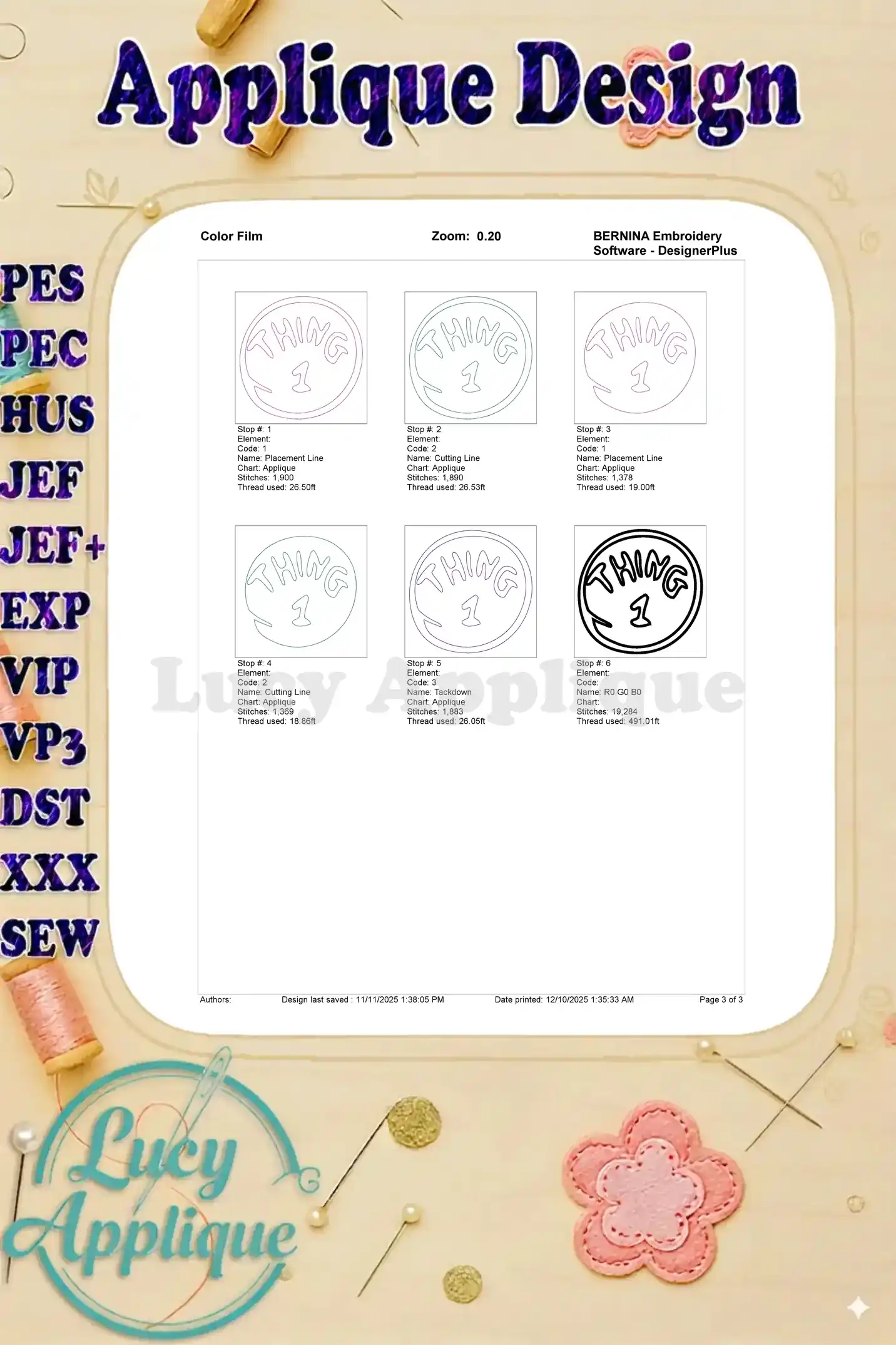 A comprehensive color film breakdown for the Dr. Seuss Thing 1 appliqué, illustrating each stitch stop and element sequence.